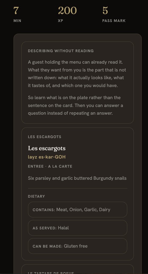 The Appitude staff app skinned for Les Bistronomes, a menu module on the escargots