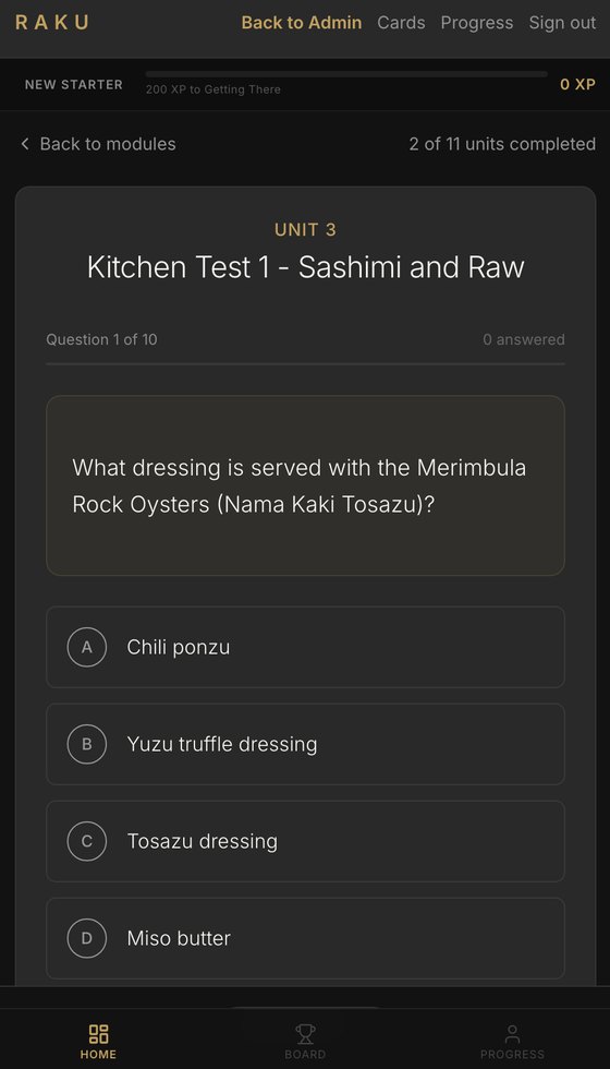 The Appitude staff app skinned for Raku, a kitchen training module
