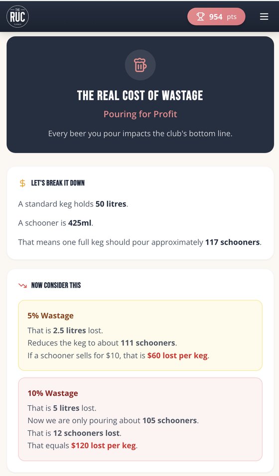 The Appitude staff app skinned for The RUC, a wastage training module