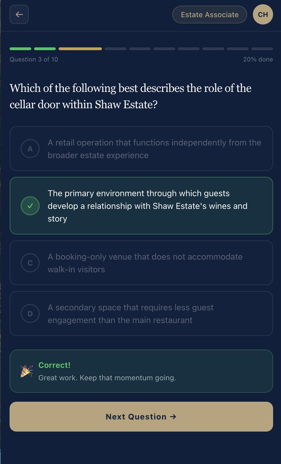 The Appitude staff app skinned for Shaw Estate, a cellar door module